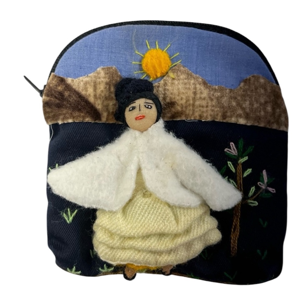 Folk Art Zippered Coin Purse Embroidered Girl in Blue Scenic Stitching